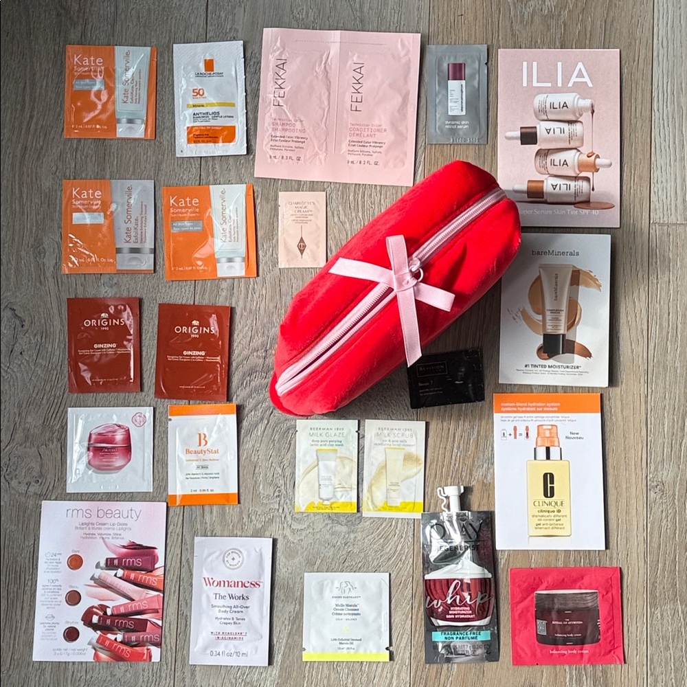 Charlotte Tilbury Travel & 25 Various Skin Body Hair Makeup Samples Red/Pink Bag